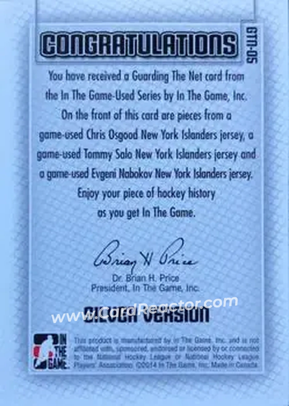 2013-14 In The Game Used - Guarding the Net Triple Jerseys Silver #GTN-05 - Chris Osgood - Tommy Salo - Evgeni Nabokov MEM, PR60 - New York Islanders - New York Islanders - Back