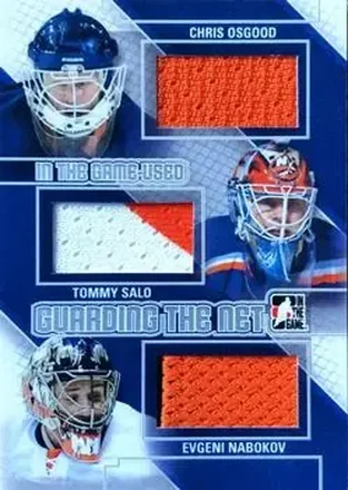 2013-14 In The Game Used - Guarding the Net Triple Jerseys Silver #GTN-05 - Chris Osgood - Tommy Salo - Evgeni Nabokov MEM, PR60 - New York Islanders - New York Islanders