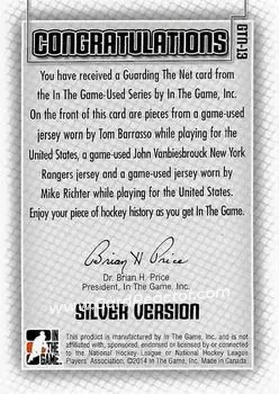 2013-14 In The Game Used - Guarding the Net Triple Jerseys Silver #GTN-13 - Tom Barrasso - John Vanbiesbrouck - Mike Richter MEM, PR60 - USA - New York Rangers - Back