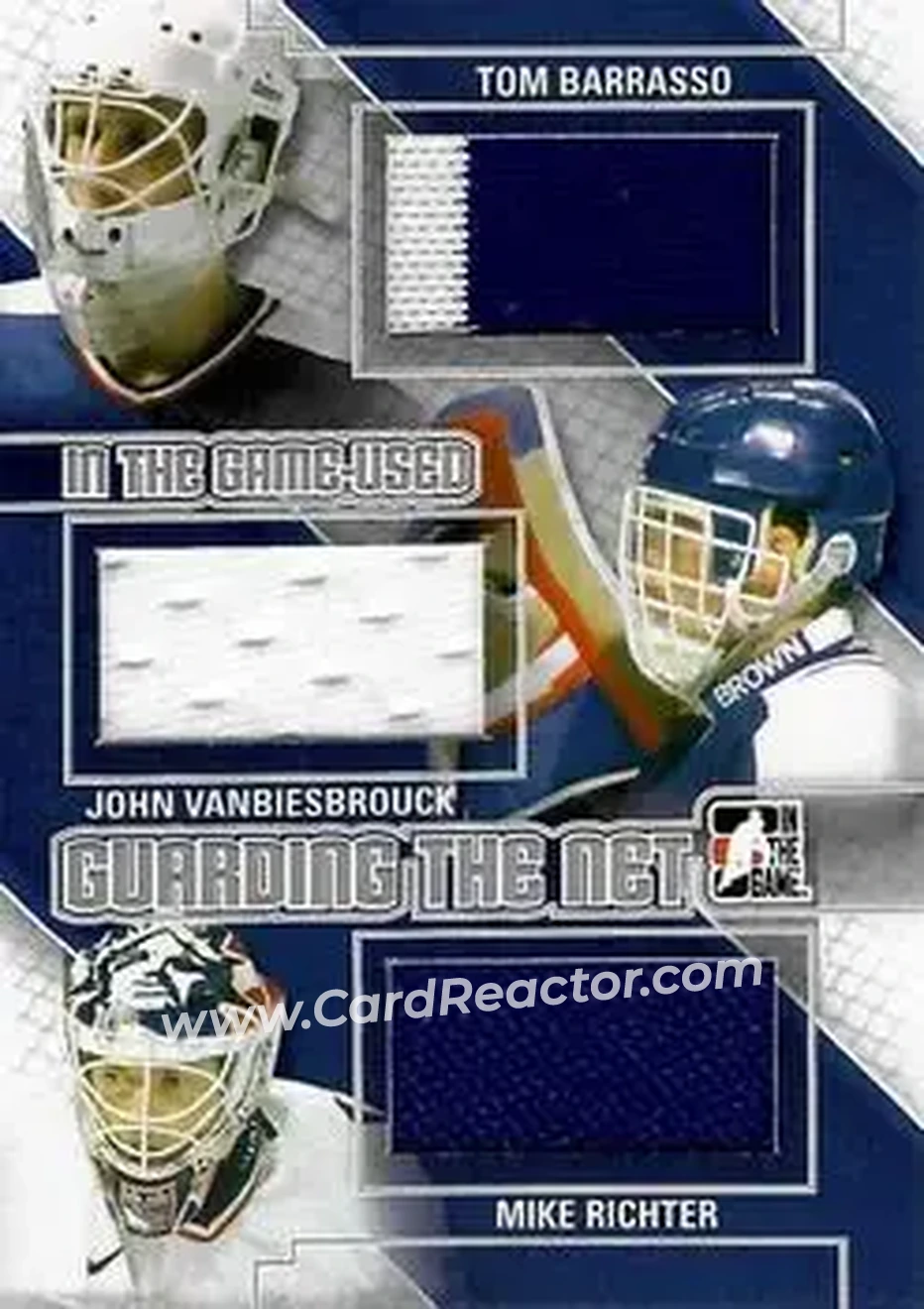 2013-14 In The Game Used - Guarding the Net Triple Jerseys Silver #GTN-13 - Tom Barrasso - John Vanbiesbrouck - Mike Richter MEM, PR60 - USA - New York Rangers - Front