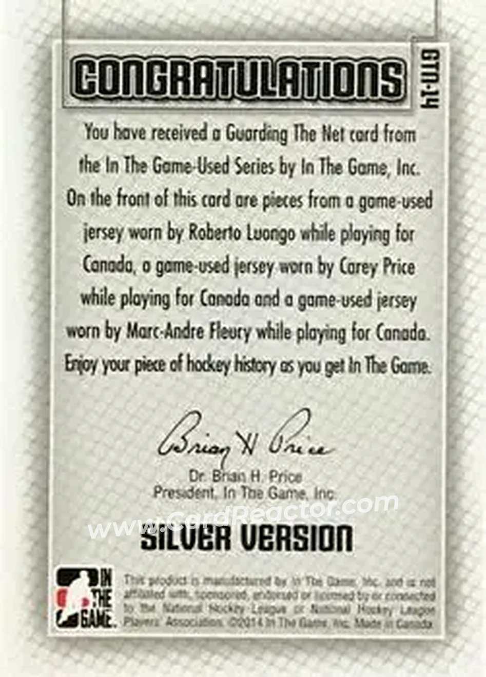 2013-14 In The Game Used - Guarding the Net Triple Jerseys Silver #GTN-14 - Roberto Luongo - Carey Price - Marc-Andre Fleury MEM, PR60 - Canada - Canada - Back