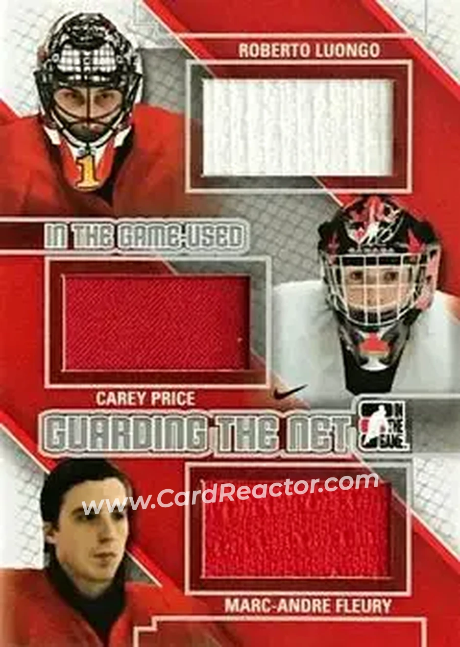 2013-14 In The Game Used - Guarding the Net Triple Jerseys Silver #GTN-14 - Roberto Luongo - Carey Price - Marc-Andre Fleury MEM, PR60 - Canada - Canada - Front