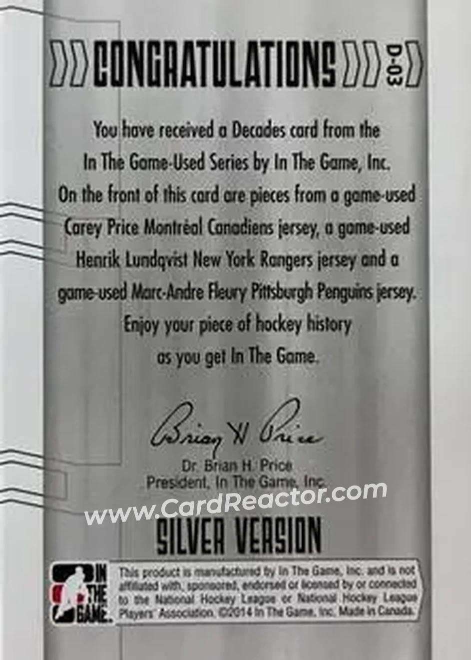 2013-14 In The Game Used - Decades Triple Jerseys Silver #D-03 - Carey Price - Henrik Lundqvist - Marc-Andre Fleury MEM, PR60 - Montreal Canadiens - New York Rangers - Pittsburgh Penguins - Back