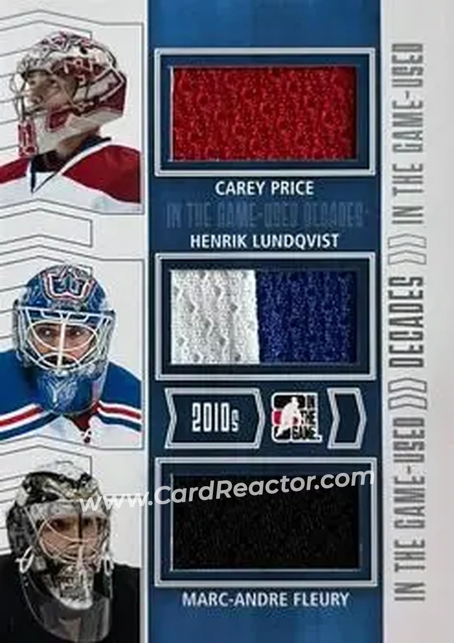 2013-14 In The Game Used - Decades Triple Jerseys Silver #D-03 - Carey Price - Henrik Lundqvist - Marc-Andre Fleury MEM, PR60 - Montreal Canadiens - New York Rangers - Pittsburgh Penguins - Front