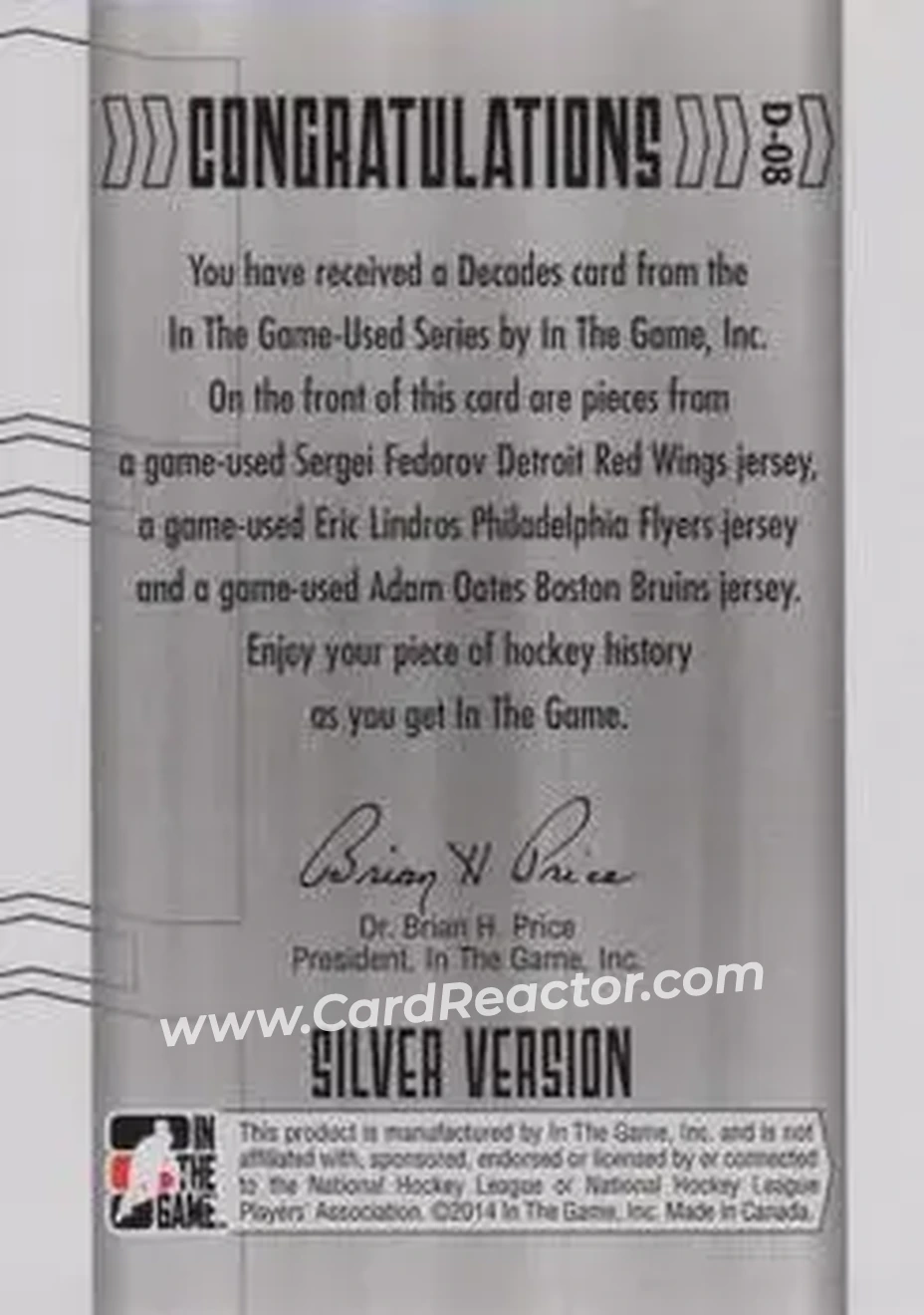 2013-14 In The Game Used - Decades Triple Jerseys Silver #D-08 - Sergei Fedorov - Eric Lindros - Adam Oates MEM, PR60 - Detroit Red Wings - Philadelphia Flyers - Boston Bruins - Back
