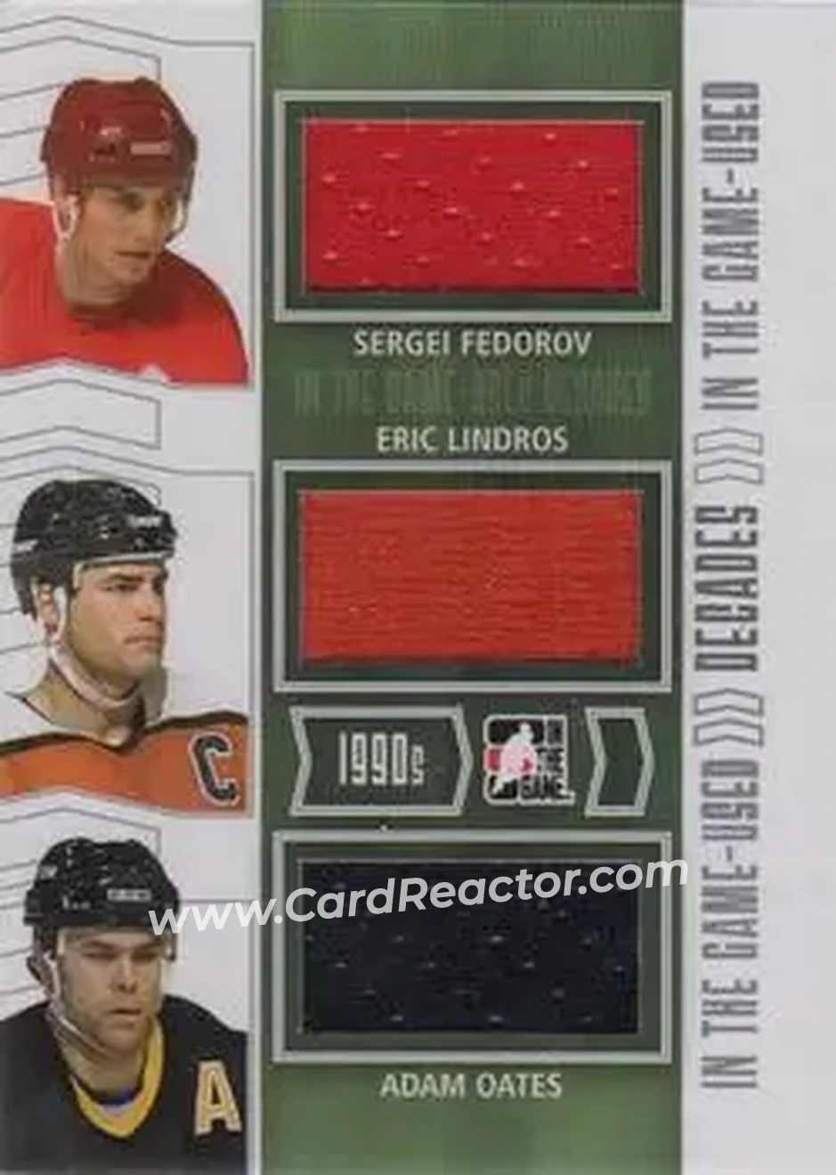 2013-14 In The Game Used - Decades Triple Jerseys Silver #D-08 - Sergei Fedorov - Eric Lindros - Adam Oates MEM, PR60 - Detroit Red Wings - Philadelphia Flyers - Boston Bruins - Front