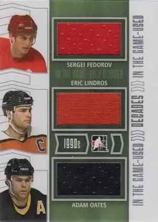 2013-14 In The Game Used #D-08 Decades Triple Jerseys Silver Sergei Fedorov - Eric Lindros - Adam Oates MEM, PR60 - Detroit Red Wings - Philadelphia Flyers - Boston Bruins