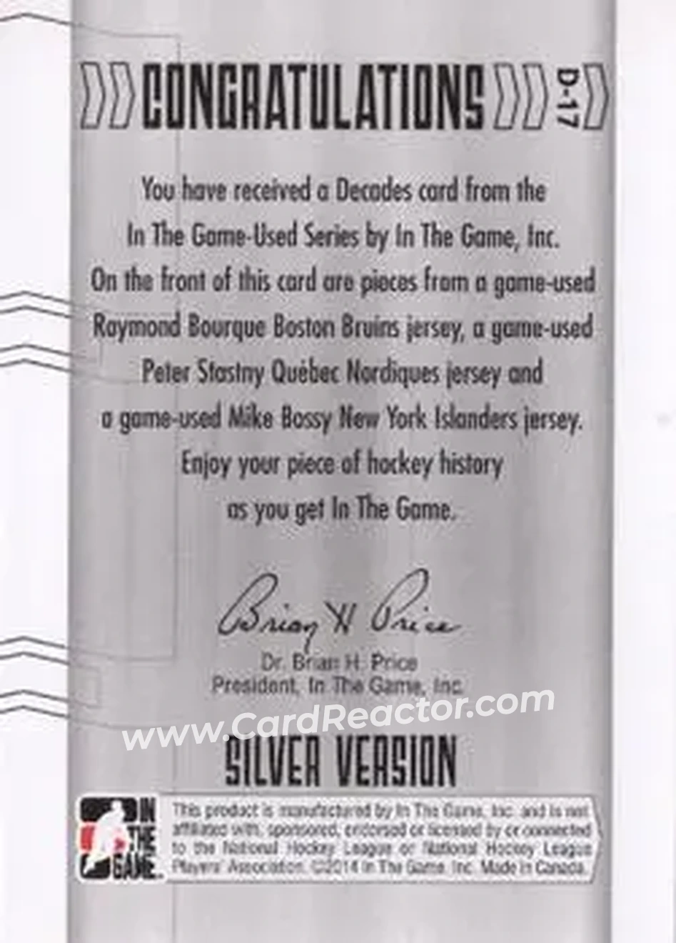 2013-14 In The Game Used - Decades Triple Jerseys Silver #D-17 - Raymond Bourque - Peter Stastny - Mike Bossy MEM, PR60 - Back