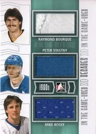 2013-14 In The Game Used #D-17 Decades Triple Jerseys Silver Raymond Bourque - Peter Stastny - Mike Bossy MEM, PR60