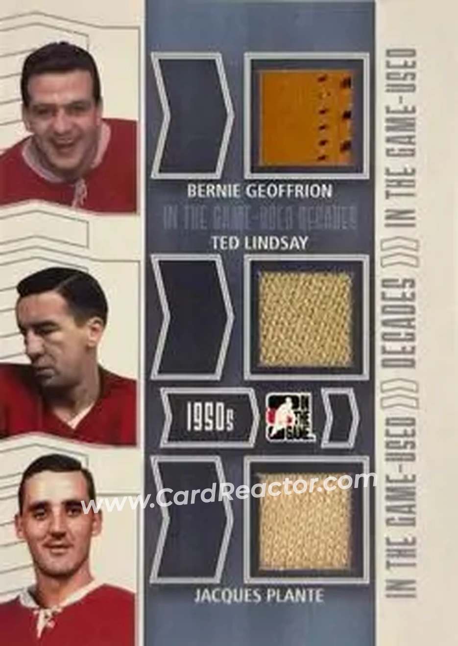 2013-14 In The Game Used - Decades Triple Jerseys Silver #D-27 - Bernie Geoffrion - Ted Lindsay - Jacques Plante MEM, PR9 - Detroit Red Wings - Montreal Canadiens - Front