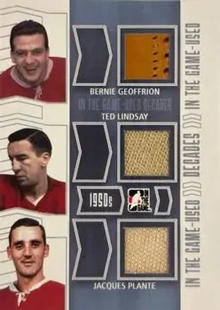 2013-14 In The Game Used - Decades Triple Jerseys Silver #D-27 - Bernie Geoffrion - Ted Lindsay - Jacques Plante MEM, PR9 - Detroit Red Wings - Montreal Canadiens