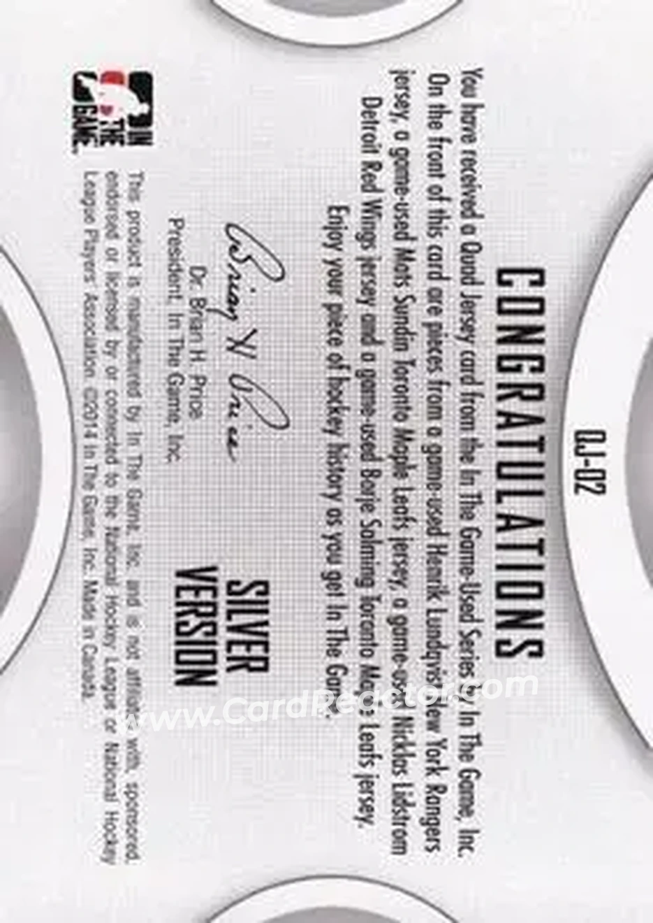 2013-14 In The Game Used - Game Used Quad Jerseys Silver #QJ-02 - Henrik Lundqvist - Mats Sundin - Nicklas Lidstrom - Borje Salming MEM, PR60 - New York Rangers - Toronto Maple Leafs - Detroit Red Wings - Back