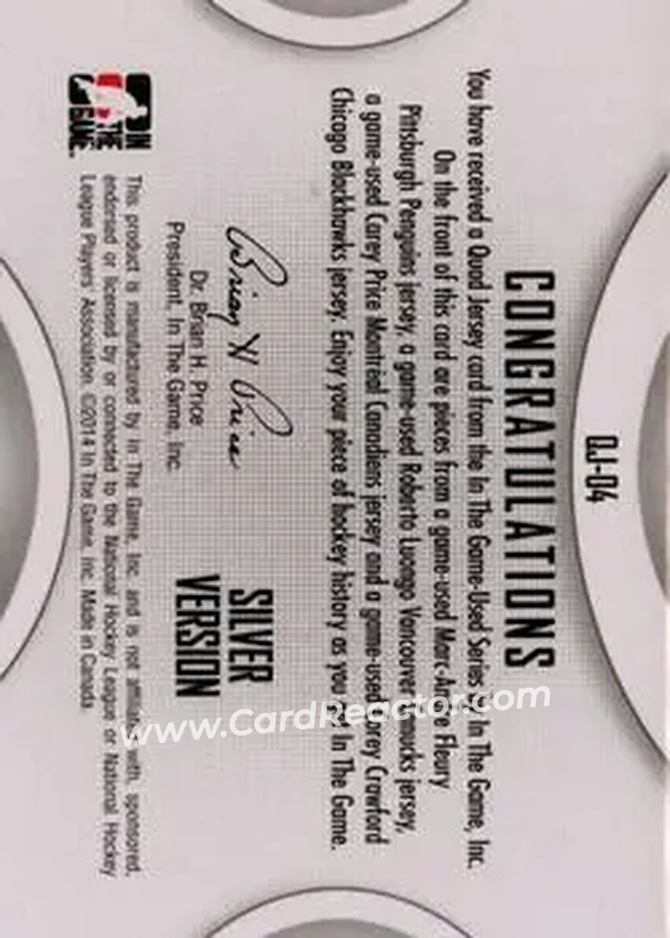 2013-14 In The Game Used - Game Used Quad Jerseys Silver #QJ-04 - Marc-Andre Fleury - Roberto Luongo - Carey Price - Corey Crawford MEM, PR60 - Pittsburgh Penguins - Vancouver Canucks - Montreal Canadiens - Chicago Blackhawks - Back