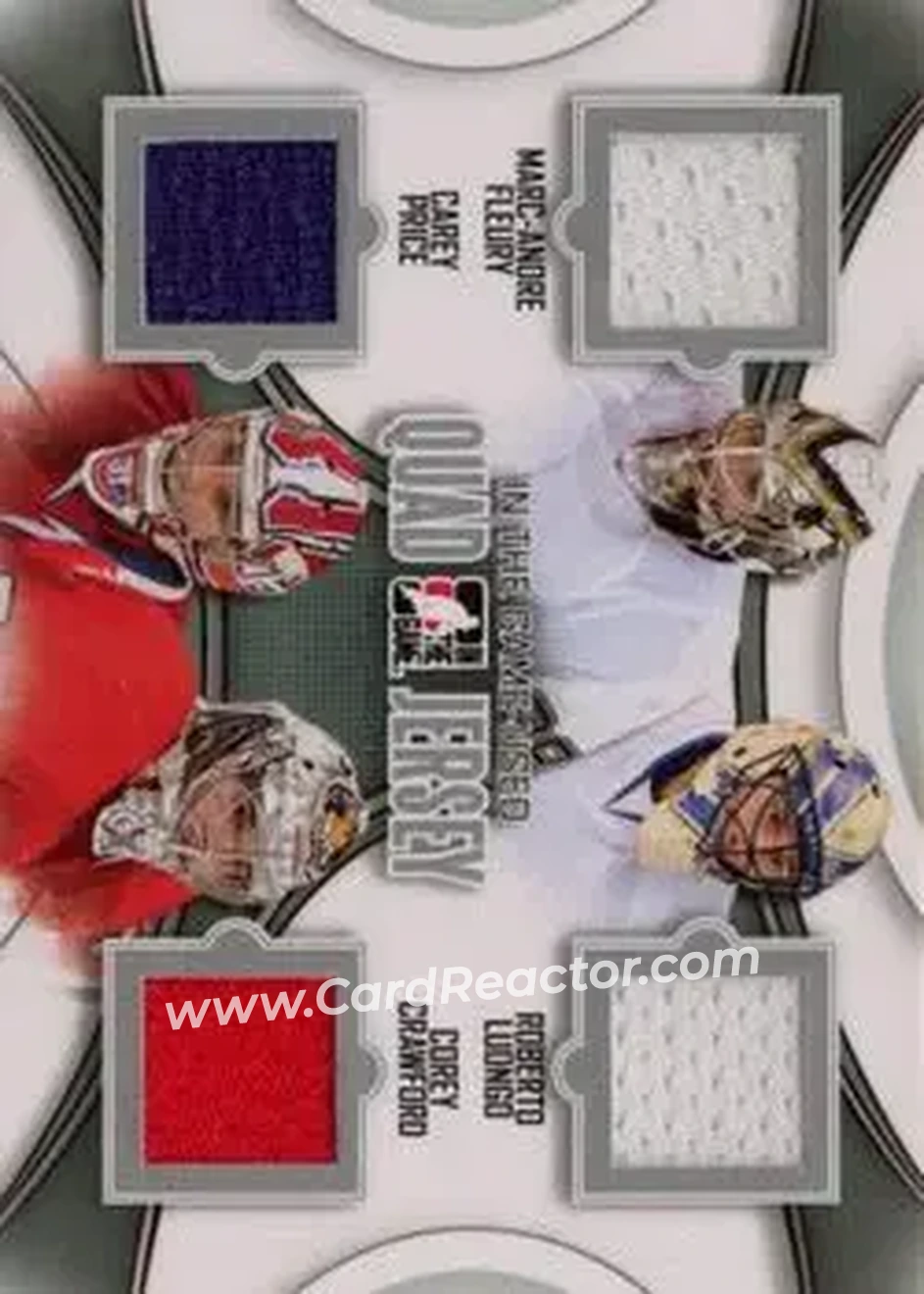 2013-14 In The Game Used - Game Used Quad Jerseys Silver #QJ-04 - Marc-Andre Fleury - Roberto Luongo - Carey Price - Corey Crawford MEM, PR60 - Pittsburgh Penguins - Vancouver Canucks - Montreal Canadiens - Chicago Blackhawks - Front