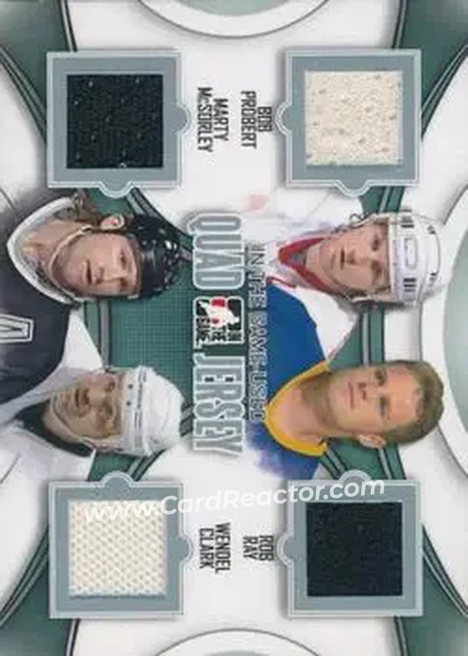 2013-14 In The Game Used - Game Used Quad Jerseys Silver #QJ-09 - Bob Probert - Rob Ray - Marty McSorley - Wendel Clark MEM, PR60 - Detroit Red Wings - Buffalo Sabres - Los Angeles Kings - Toronto Maple Leafs - Front