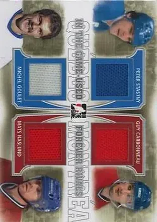 2013-14 In The Game Used #FR-06 Forever Rivals Quad Jerseys Silver Peter Stastny - Michel Goulet - Guy Carbonneau - Mats Naslund MEM, PR60 - Quebec Nordiques - Montreal Canadiens