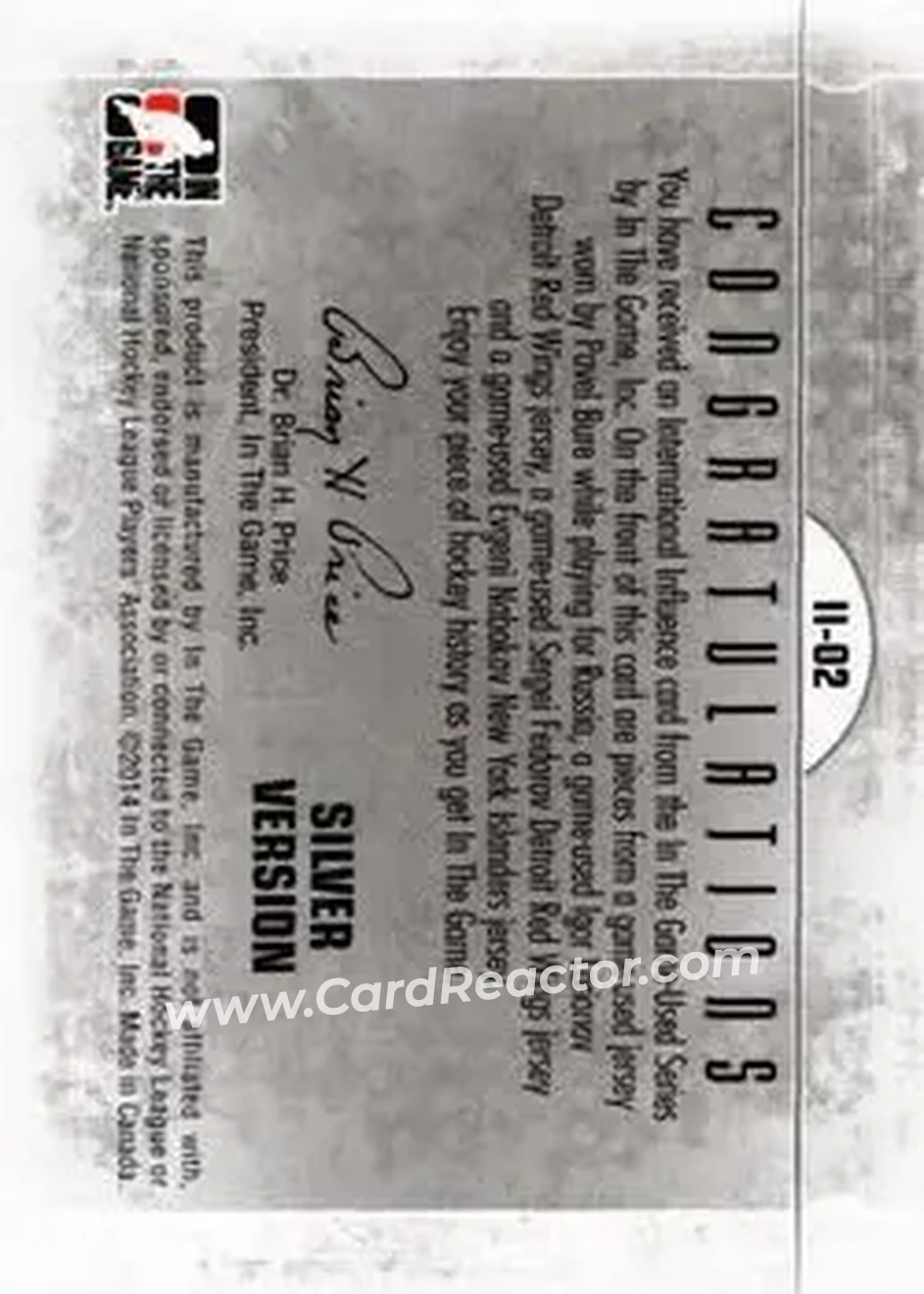2013-14 In The Game Used - International Influence Quad Jerseys Silver #II-02 - Pavel Bure - Igor Larionov - Sergei Fedorov - Evgeni Nabokov MEM, PR60 - Russia - Detroit Red Wings - New York Islanders - Back