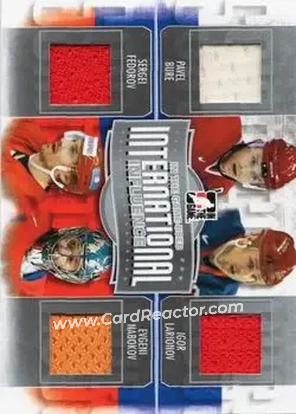 2013-14 In The Game Used - International Influence Quad Jerseys Silver #II-02 - Pavel Bure - Igor Larionov - Sergei Fedorov - Evgeni Nabokov MEM, PR60 - Russia - Detroit Red Wings - New York Islanders - Front