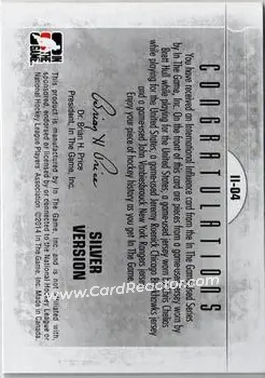 2013-14 In The Game Used - International Influence Quad Jerseys Silver #II-04 - Brett Hull - Chris Chelios - Jeremy Roenick - John Vanbiesbrouck MEM, PR60 - USA - Chicago Blackhawks - New York Rangers - Back