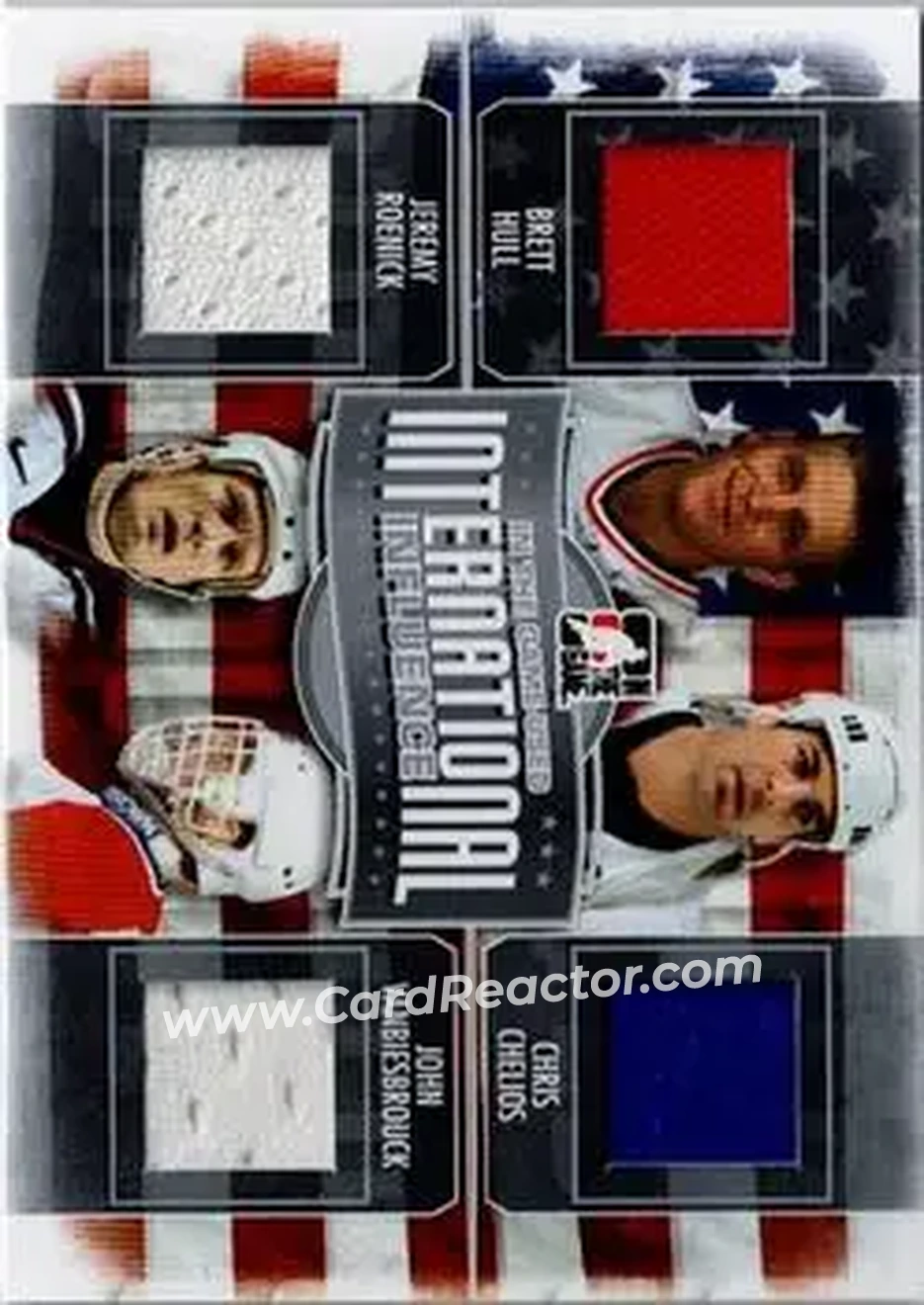 2013-14 In The Game Used - International Influence Quad Jerseys Silver #II-04 - Brett Hull - Chris Chelios - Jeremy Roenick - John Vanbiesbrouck MEM, PR60 - USA - Chicago Blackhawks - New York Rangers - Front
