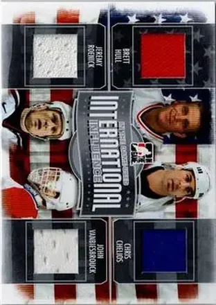 2013-14 In The Game Used #II-04 International Influence Quad Jerseys Silver Brett Hull - Chris Chelios - Jeremy Roenick - John Vanbiesbrouck MEM, PR60 - USA - Chicago Blackhawks - New York Rangers
