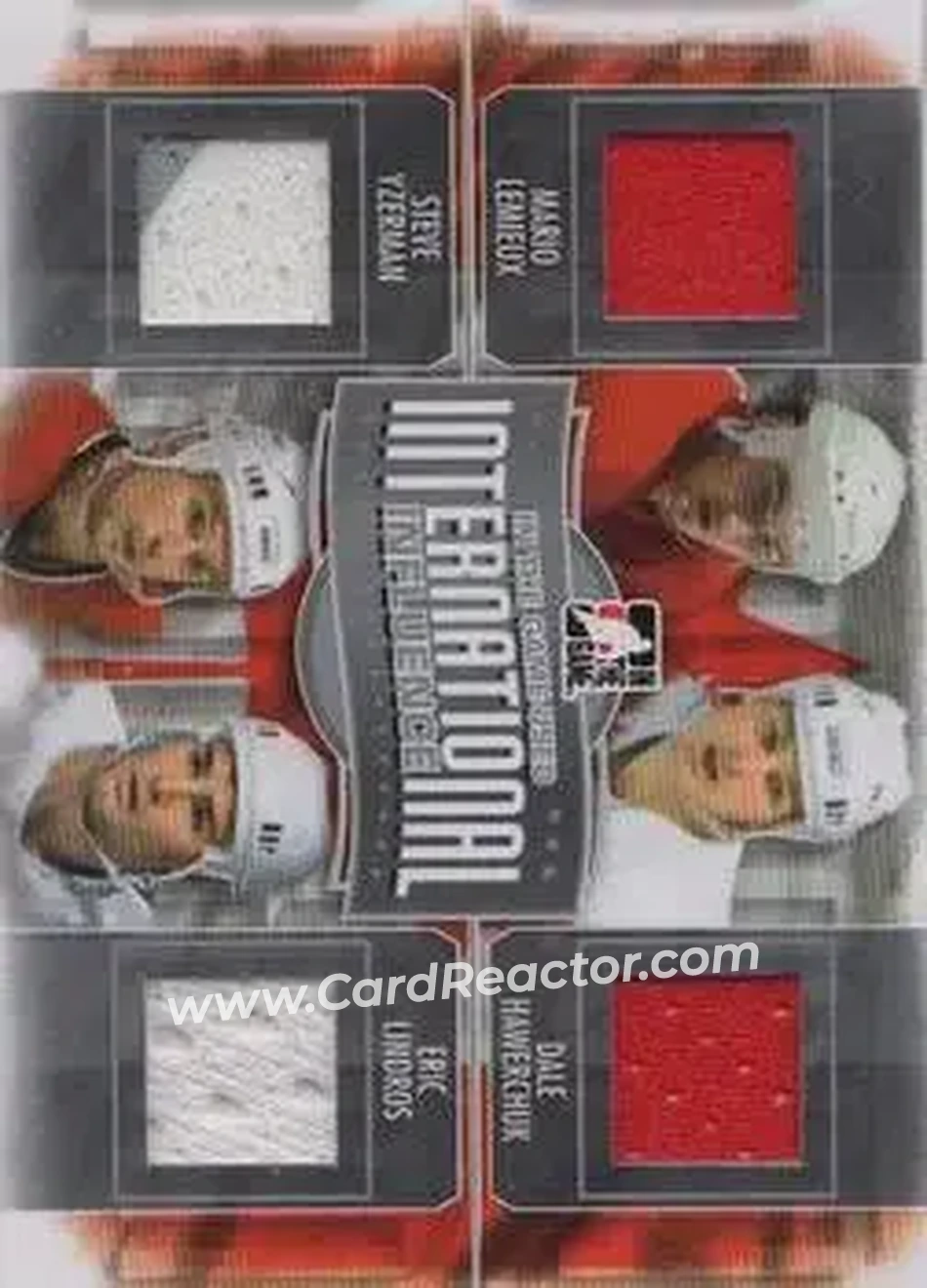 2013-14 In The Game Used - International Influence Quad Jerseys Silver #II-05 - Mario Lemieux - Dale Hawerchuk - Steve Yzerman - Eric Lindros MEM, PR60 - Canada - Canada - Front