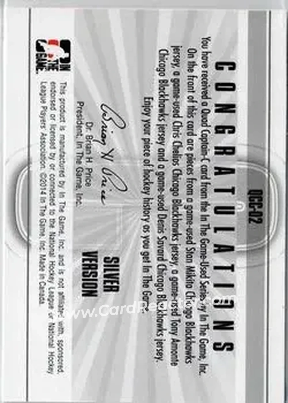 2013-14 In The Game Used - Captain C Quad Jerseys Silver #QCC-02 - Stan Mikita - Chris Chelios - Tony Amonte - Denis Savard MEM, PR50 - Chicago Blackhawks - Chicago Blackhawks - Back 2013-14 In The Game Used - Captain C Quad Jerseys Silver #QCC-02 - Stan Mikita - Chris Chelios - Tony Amonte - Denis Savard MEM, PR50 - Chicago Blackhawks - Chicago Blackhawks - Back