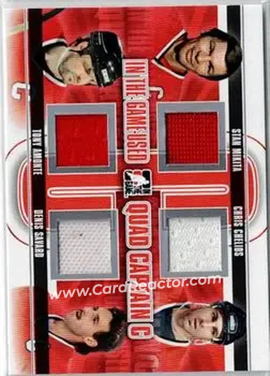 2013-14 In The Game Used - Captain C Quad Jerseys Silver #QCC-02 - Stan Mikita - Chris Chelios - Tony Amonte - Denis Savard MEM, PR50 - Chicago Blackhawks - Chicago Blackhawks - Front 2013-14 In The Game Used - Captain C Quad Jerseys Silver #QCC-02 - Stan Mikita - Chris Chelios - Tony Amonte - Denis Savard MEM, PR50 - Chicago Blackhawks - Chicago Blackhawks - Front