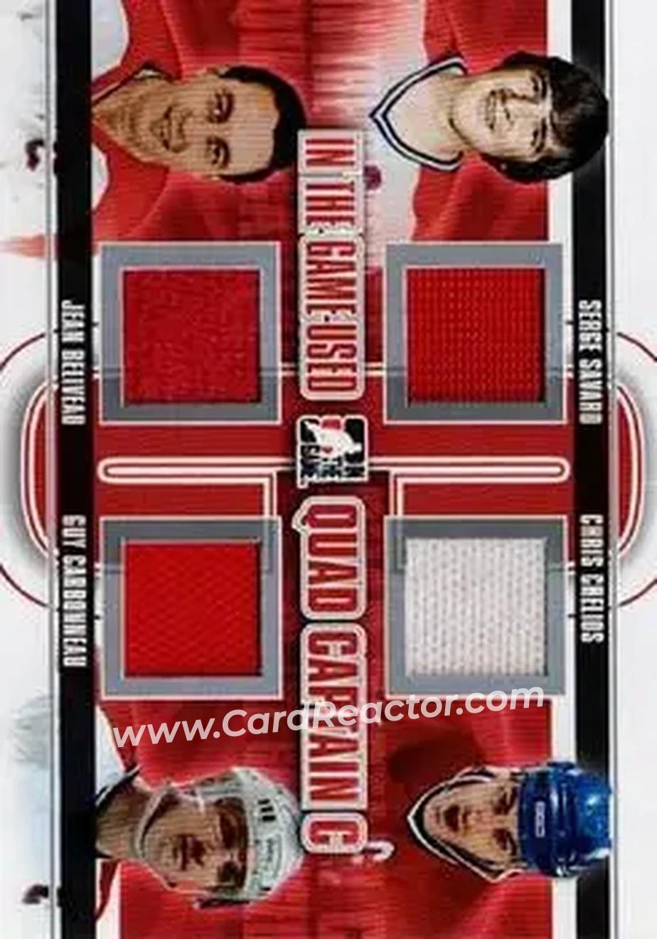 2013-14 In The Game Used - Captain C Quad Jerseys Silver #QCC-05 - Serge Savard - Chris Chelios - Jean Beliveau - Guy Carbonneau MEM, PR50 - Montreal Canadiens - Montreal Canadiens - Front 2013-14 In The Game Used - Captain C Quad Jerseys Silver #QCC-05 - Serge Savard - Chris Chelios - Jean Beliveau - Guy Carbonneau MEM, PR50 - Montreal Canadiens - Montreal Canadiens - Front