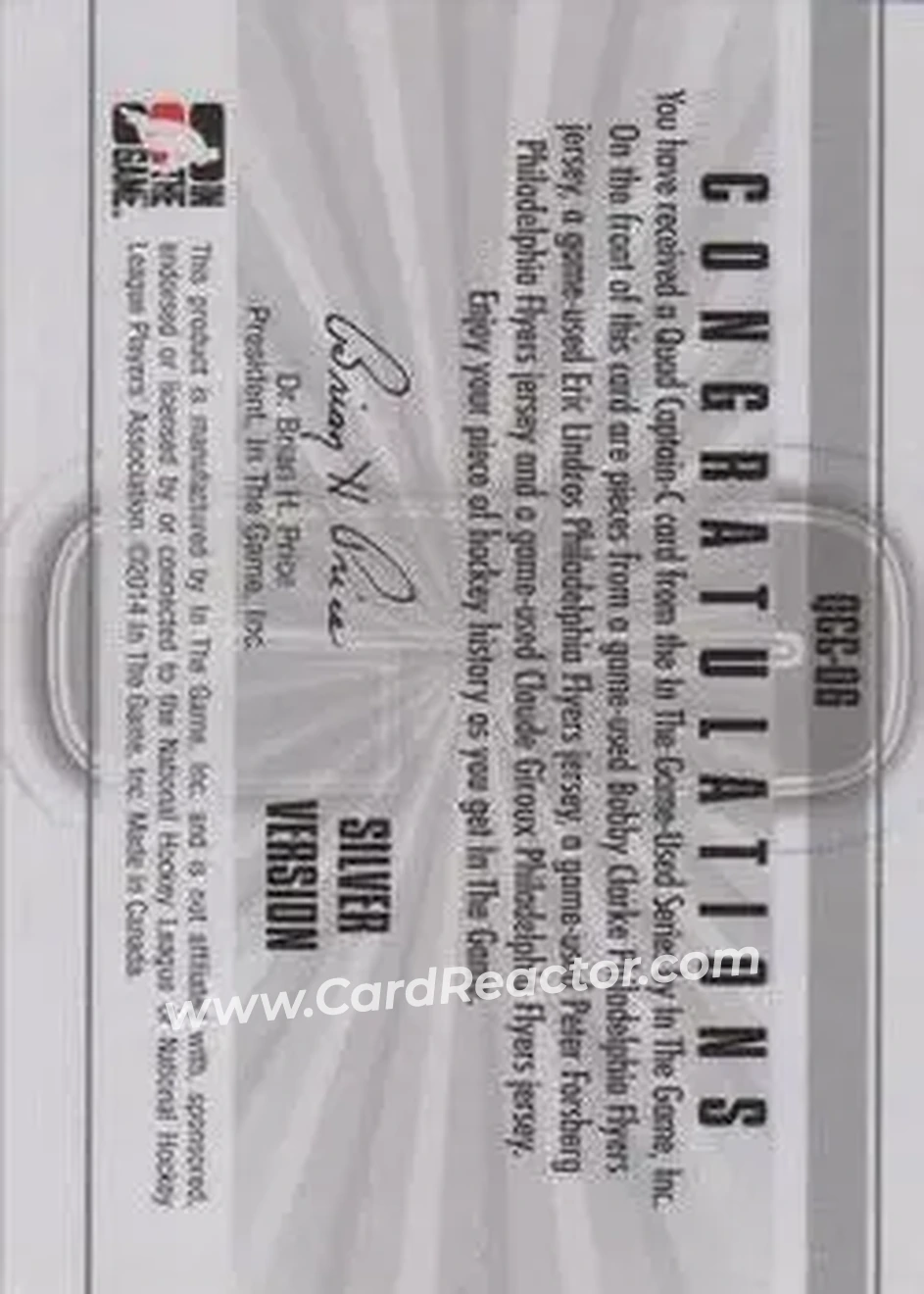 2013-14 In The Game Used - Captain C Quad Jerseys Silver #QCC-06 - Bobby Clarke - Eric Lindros - Peter Forsberg - Claude Giroux MEM, PR50 - Philadelphia Flyers - Philadelphia Flyers - Back 2013-14 In The Game Used - Captain C Quad Jerseys Silver #QCC-06 - Bobby Clarke - Eric Lindros - Peter Forsberg - Claude Giroux MEM, PR50 - Philadelphia Flyers - Philadelphia Flyers - Back