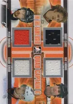 2013-14 In The Game Used - Captain C Quad Jerseys Silver #QCC-06 - Bobby Clarke - Eric Lindros - Peter Forsberg - Claude Giroux MEM, PR50 - Philadelphia Flyers - Philadelphia Flyers