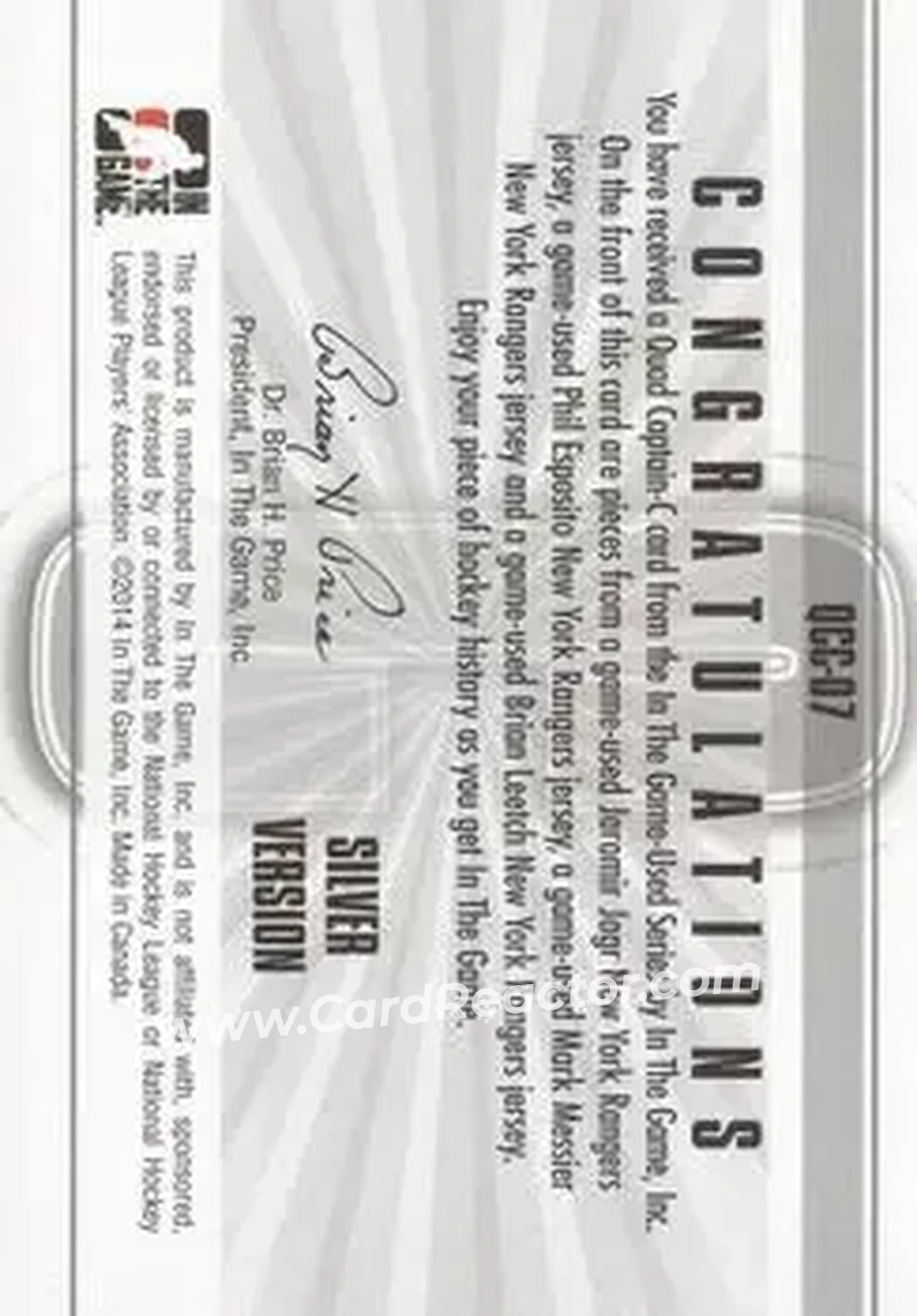 2013-14 In The Game Used - Captain C Quad Jerseys Silver #QCC-07 - Jaromir Jagr - Phil Esposito - Mark Messier - Brian Leetch MEM, PR50 - New York Rangers - New York Rangers - Back 2013-14 In The Game Used - Captain C Quad Jerseys Silver #QCC-07 - Jaromir Jagr - Phil Esposito - Mark Messier - Brian Leetch MEM, PR50 - New York Rangers - New York Rangers - Back