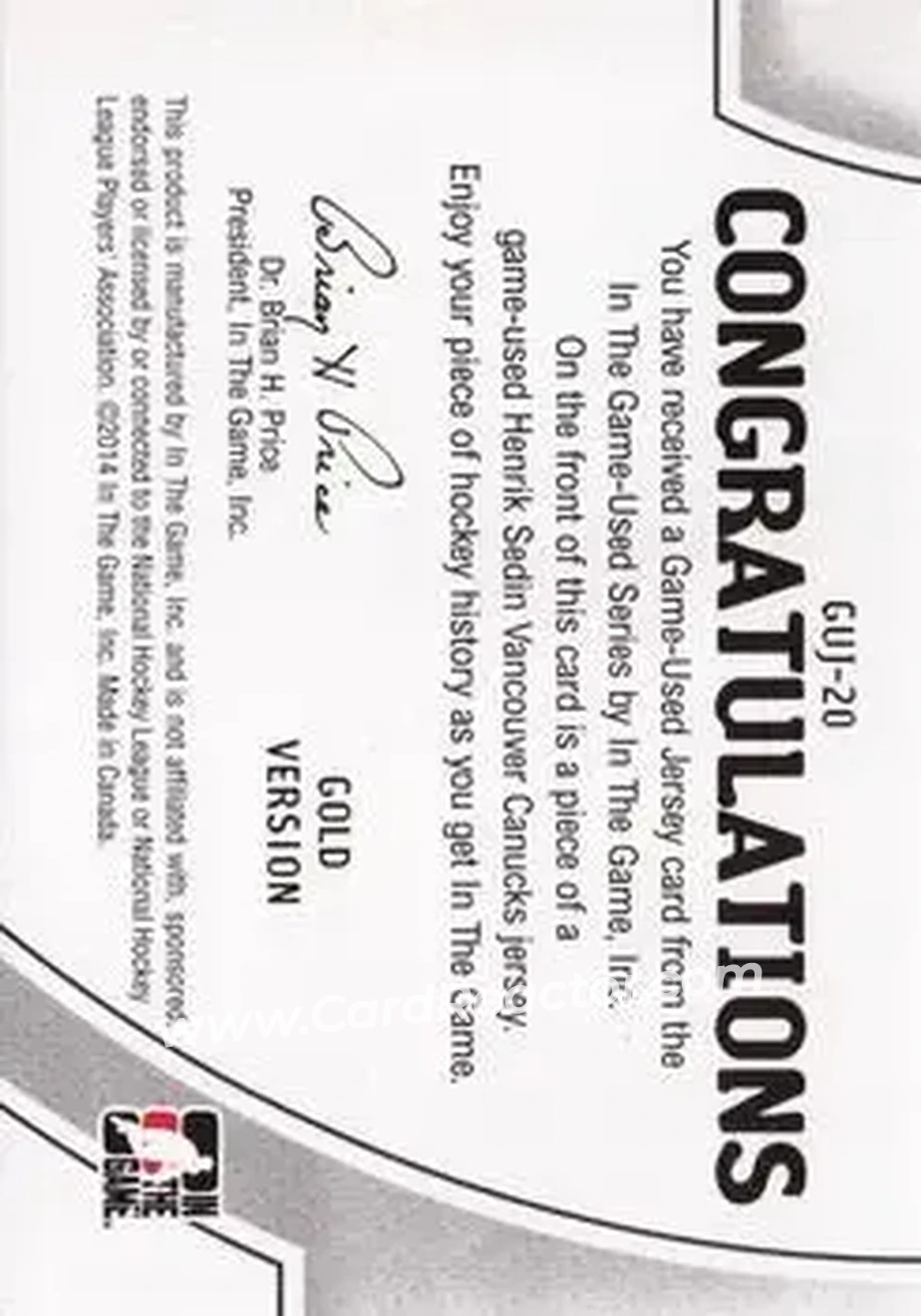 2013-14 In The Game Used - Jerseys Gold #GUJ-20 - Henrik Sedin - Vancouver Canucks - Back
