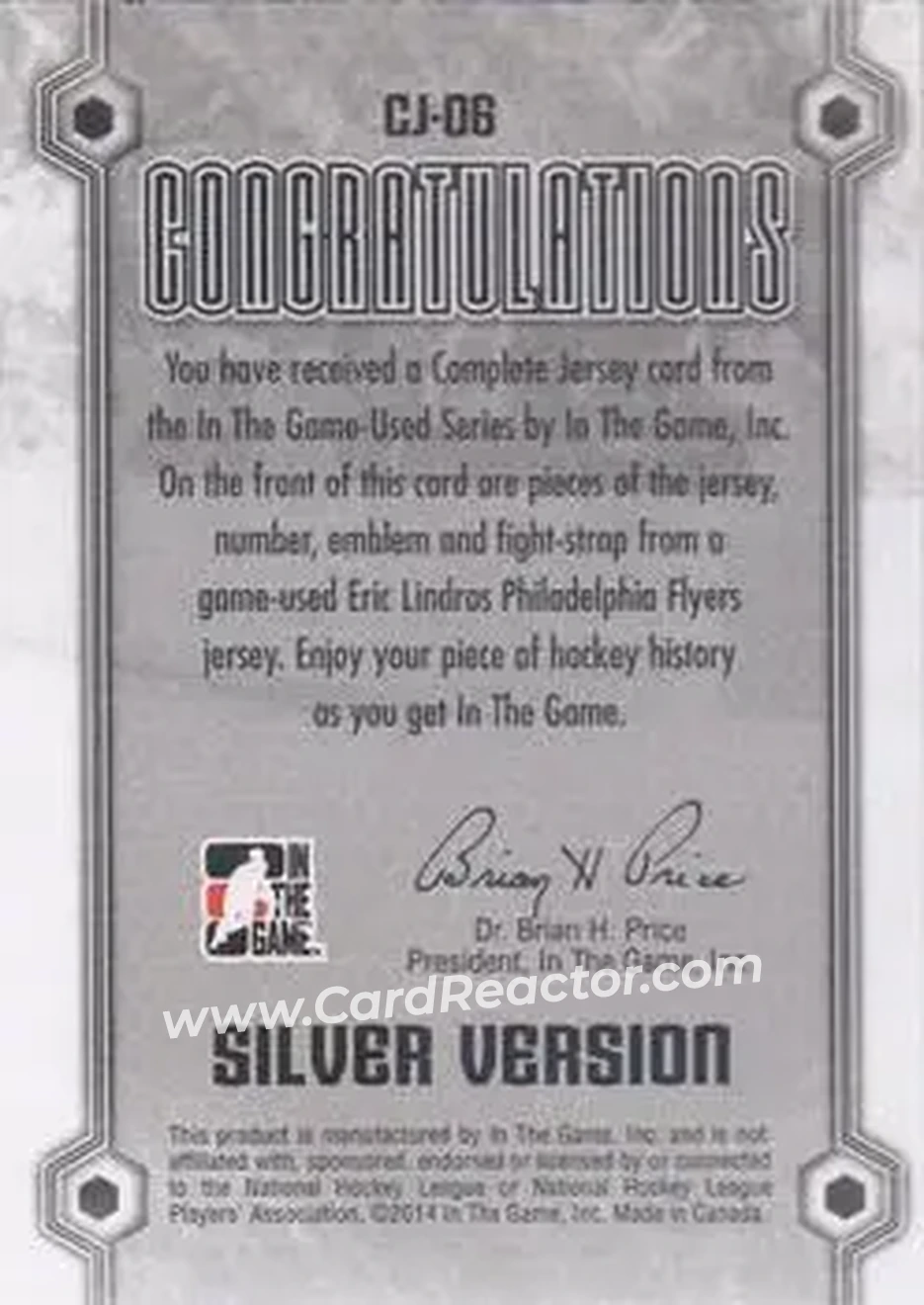 2013-14 In The Game Used - Complete Jerseys Silver #CJ-06 - Eric Lindros - Philadelphia Flyers - Back