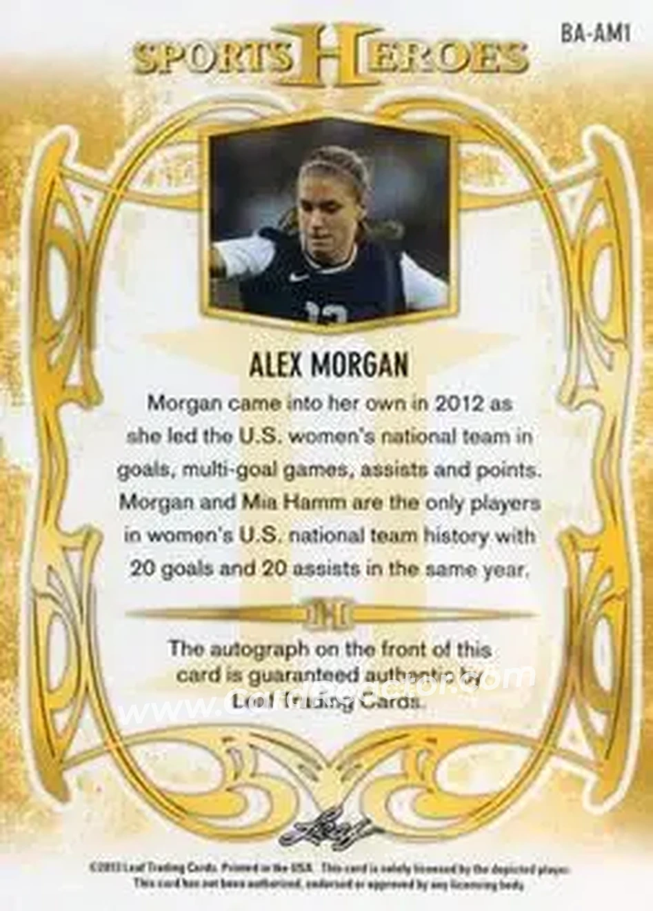2013 Leaf Sports Heroes #BA-AM1 - Alex Morgan - Back