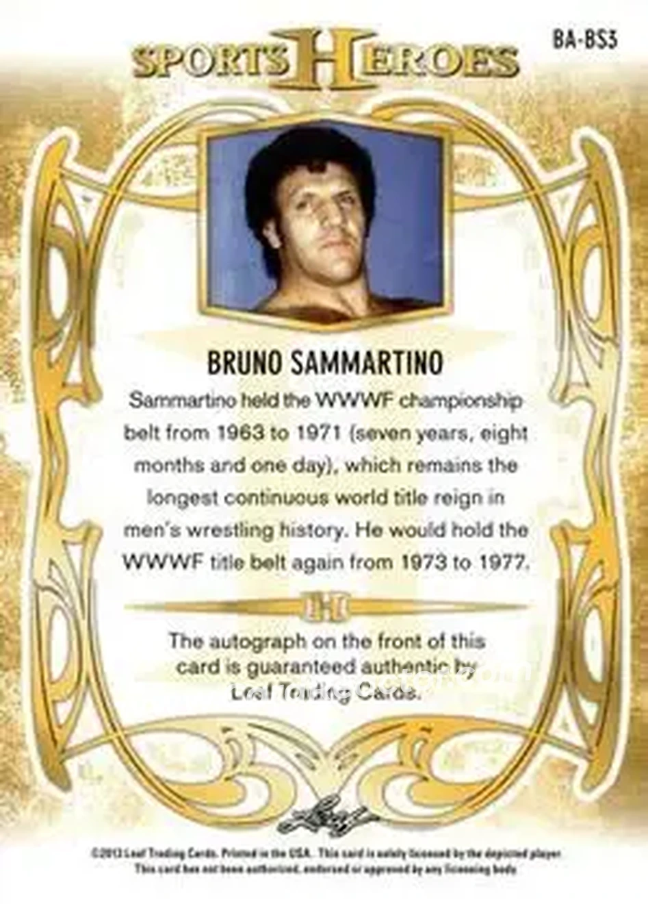 2013 Leaf Sports Heroes #BA-BS3 - Bruno Sammartino - Back
