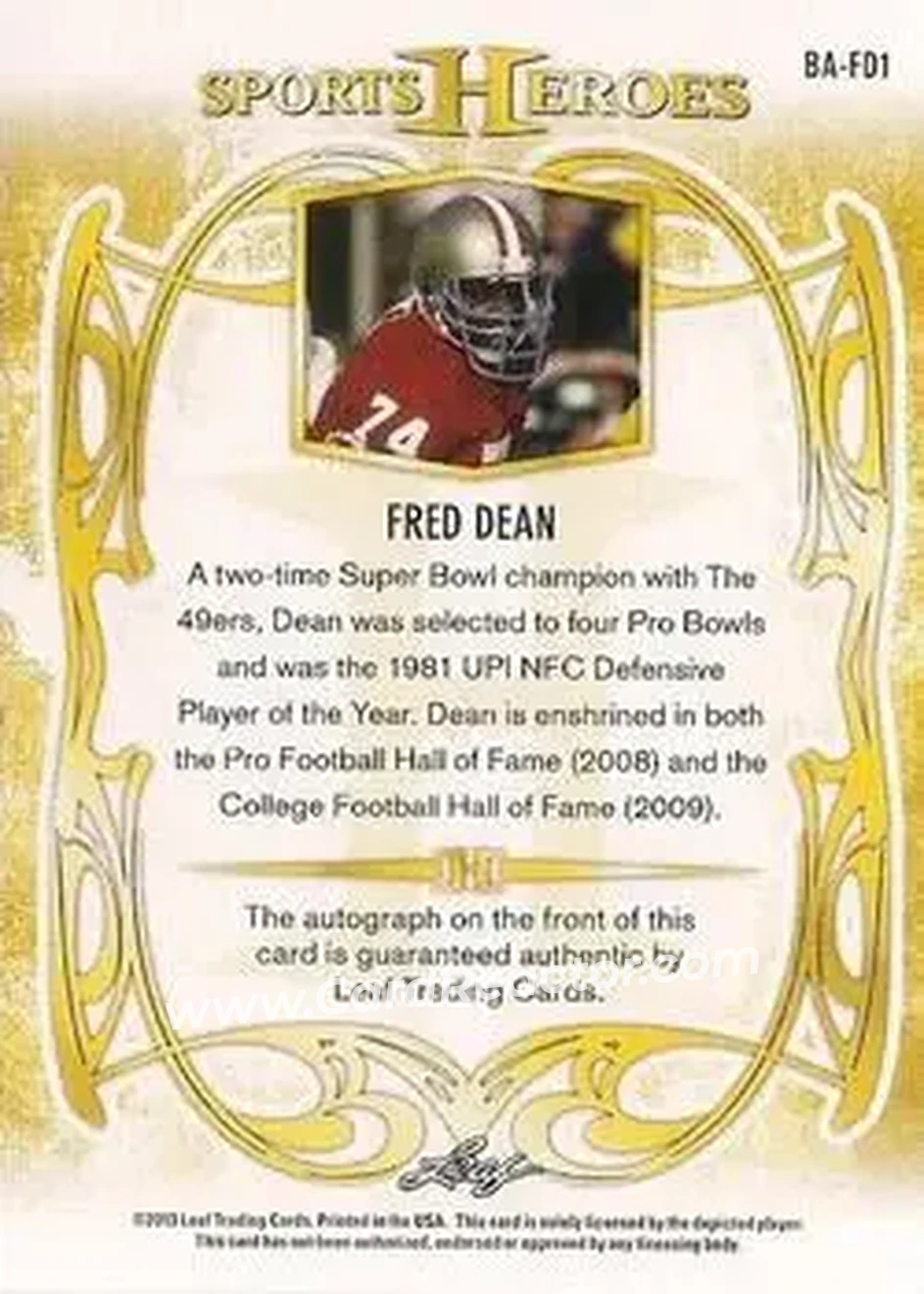 2013 Leaf Sports Heroes #BA-FD1 - Fred Dean - San Francisco 49ers - Back