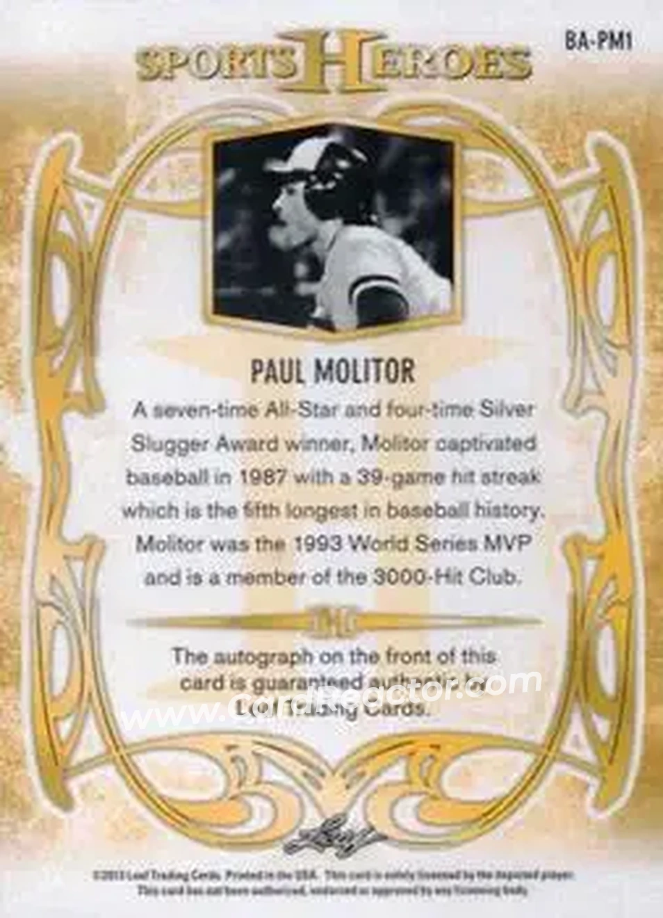 2013 Leaf Sports Heroes #BA-PM1 - Paul Molitor - Back 2013 Leaf Sports Heroes #BA-PM1 - Paul Molitor - Back