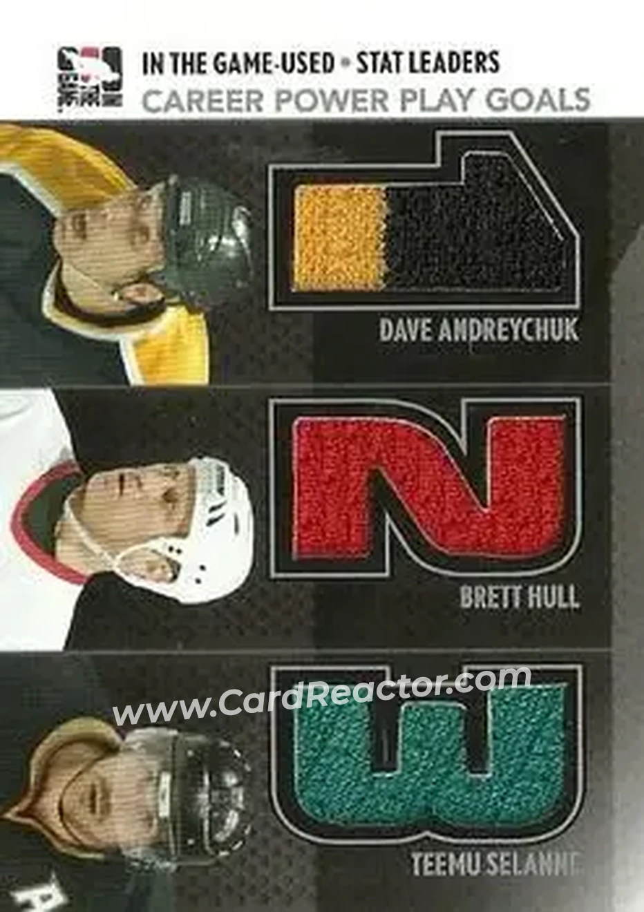 2013-14 In The Game Used - Stat Leaders Triple Jerseys Silver #SL-05 - Dave Andreychuk - Brett Hull - Teemu Selanne MEM, PR60 - Boston Bruins - Detroit Red Wings - Anaheim Ducks - Front