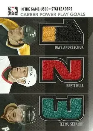 2013-14 In The Game Used #SL-05 Stat Leaders Triple Jerseys Silver Dave Andreychuk - Brett Hull - Teemu Selanne MEM, PR60 - Boston Bruins - Detroit Red Wings - Anaheim Ducks