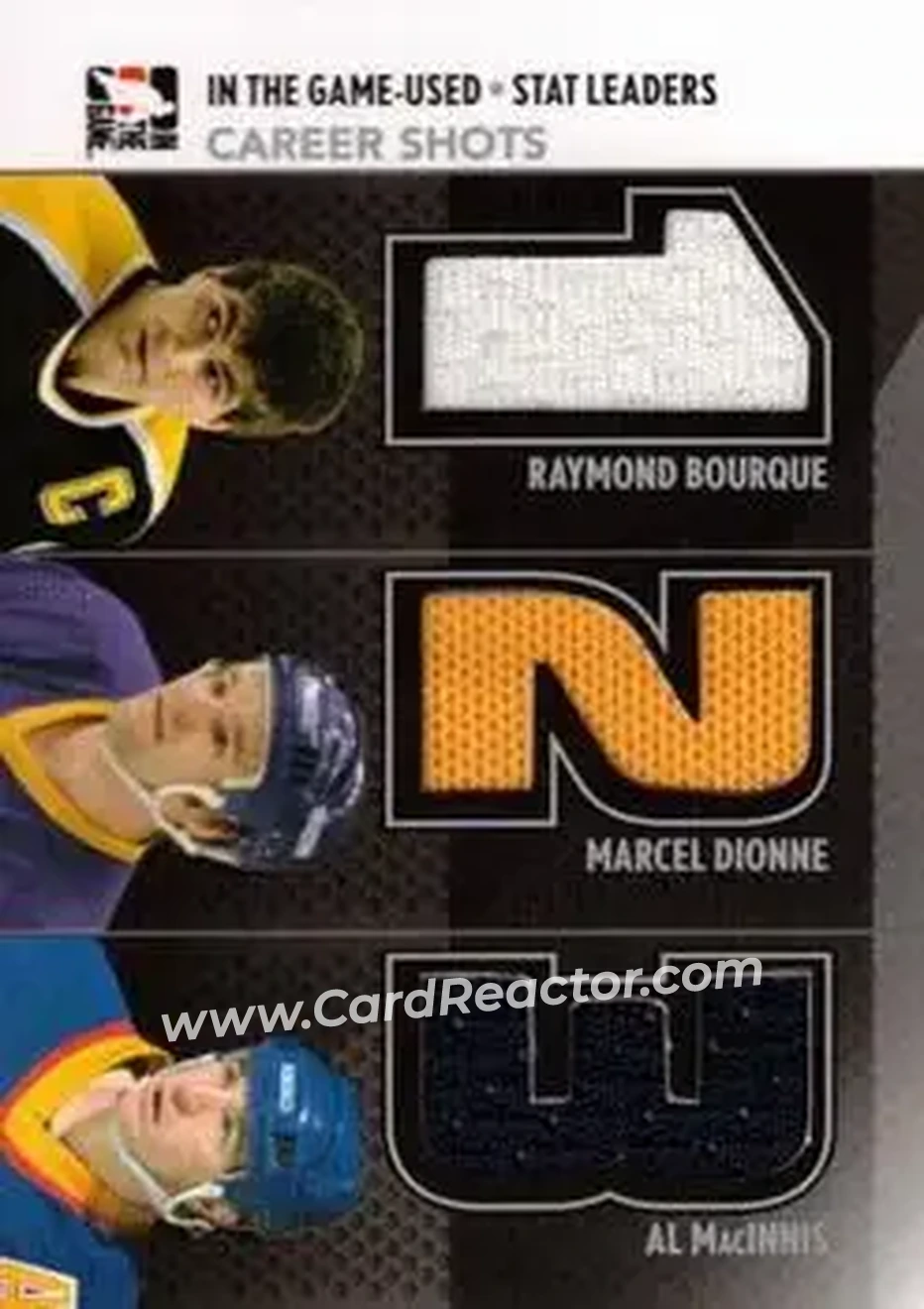 2013-14 In The Game Used - Stat Leaders Triple Jerseys Silver #SL-07 - Raymond Bourque - Marcel Dionne - Al MacInnis MEM, PR60 - Boston Bruins - Los Angeles Kings - St. Louis Blues - Front