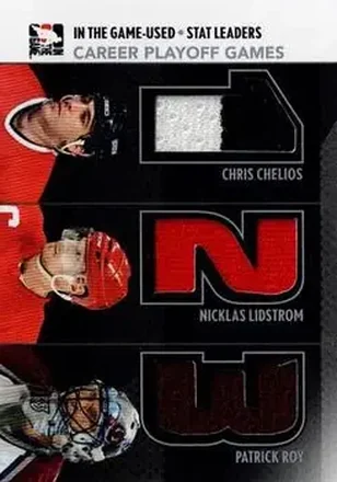 2013-14 In The Game Used #SL-13 Stat Leaders Triple Jerseys Silver Chris Chelios - Nicklas Lidstrom - Patrick Roy MEM, PR60 - Chicago Blackhawks - Detroit Red Wings - Colorado Avalanche