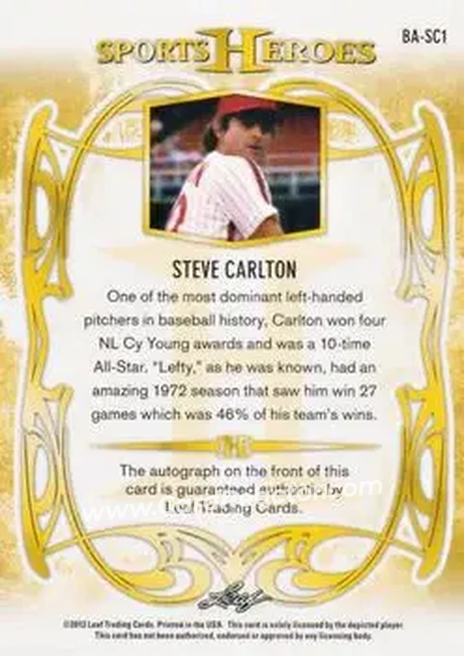2013 Leaf Sports Heroes #BA-SC1 - Steve Carlton - Philadelphia Phillies - Back