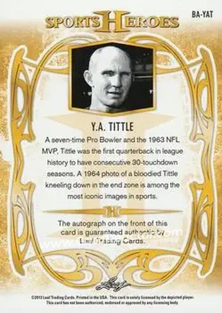 2013 Leaf Sports Heroes #BA-YAT - Y.A. Tittle - Back