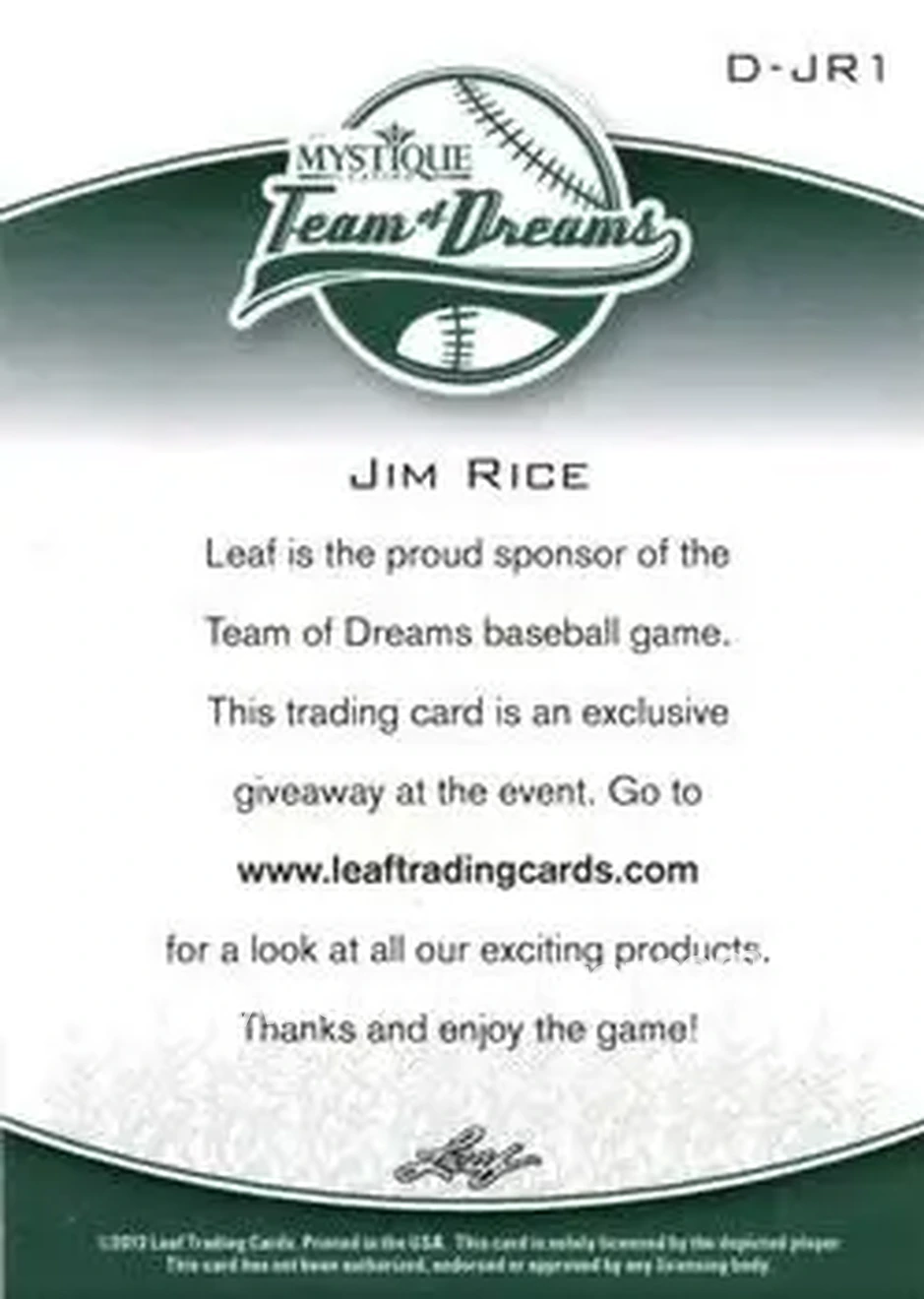 2013 Leaf Sports Heroes - Team of Dreams #D-JR1 - Jim Rice - Boston Red Sox - Back
