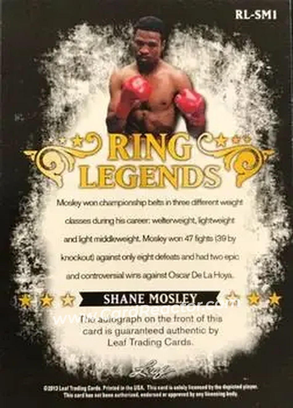2013 Leaf Sports Heroes - Ring Legends Autographs #RL-SM1 - Shane Mosley - Back