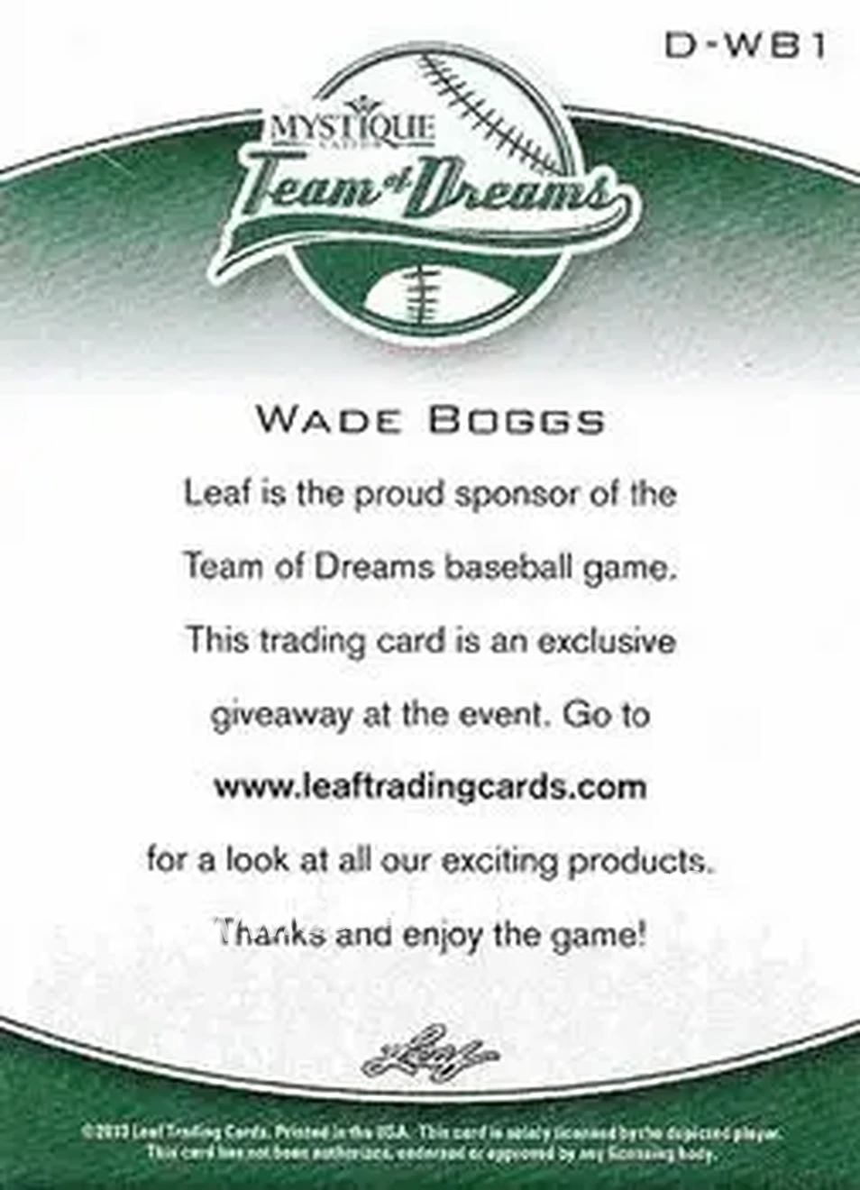 2013 Leaf Sports Heroes - Team of Dreams #D-WB1 - Wade Boggs - Back