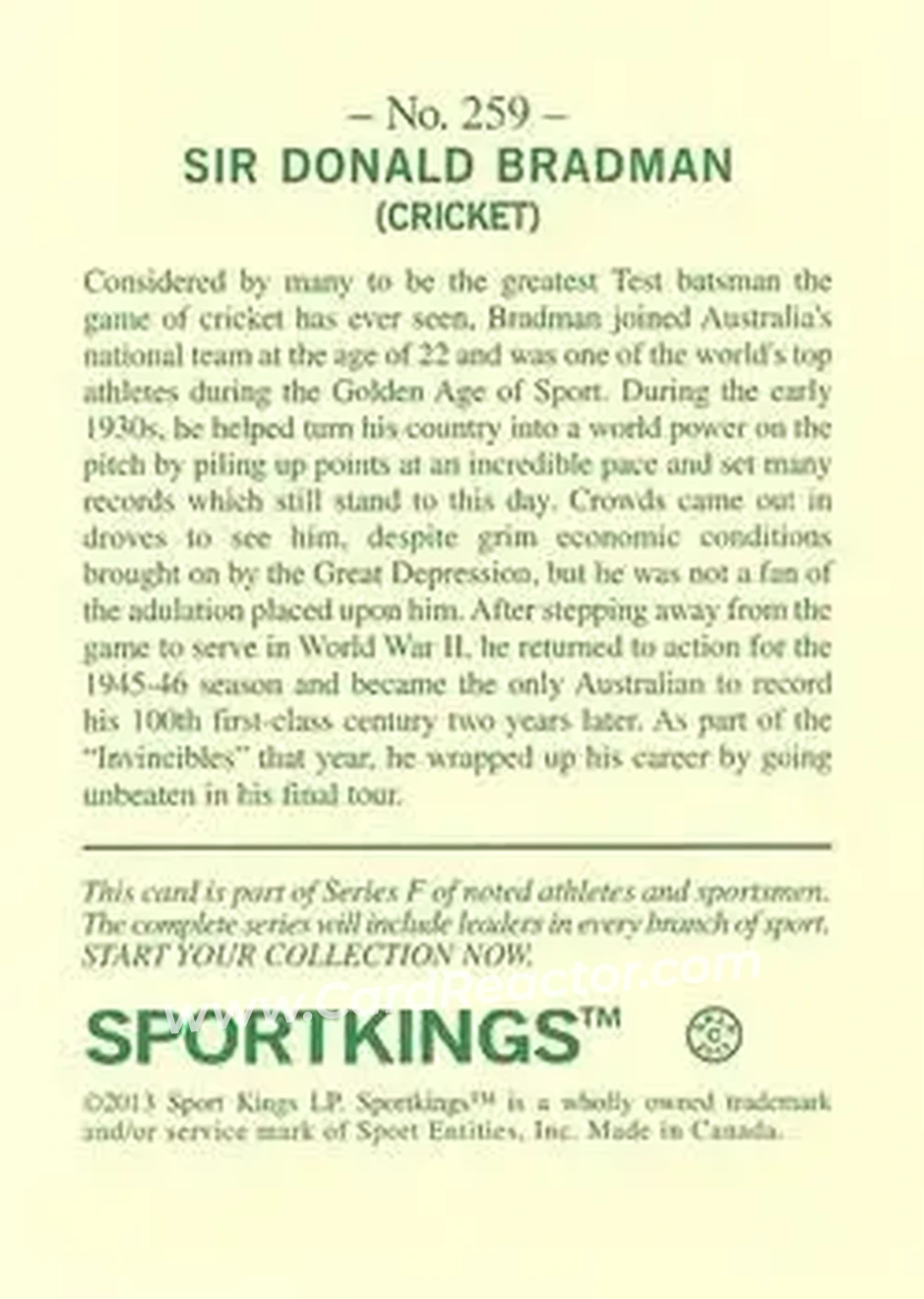 2013 Sportkings Series F #259 - Donald Bradman - Back
