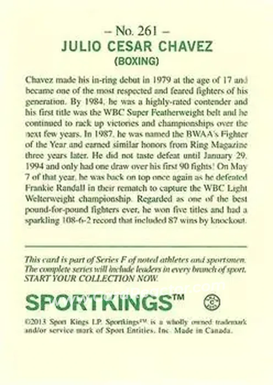 2013 Sportkings Series F #261 - Julio Cesar Chavez - Back