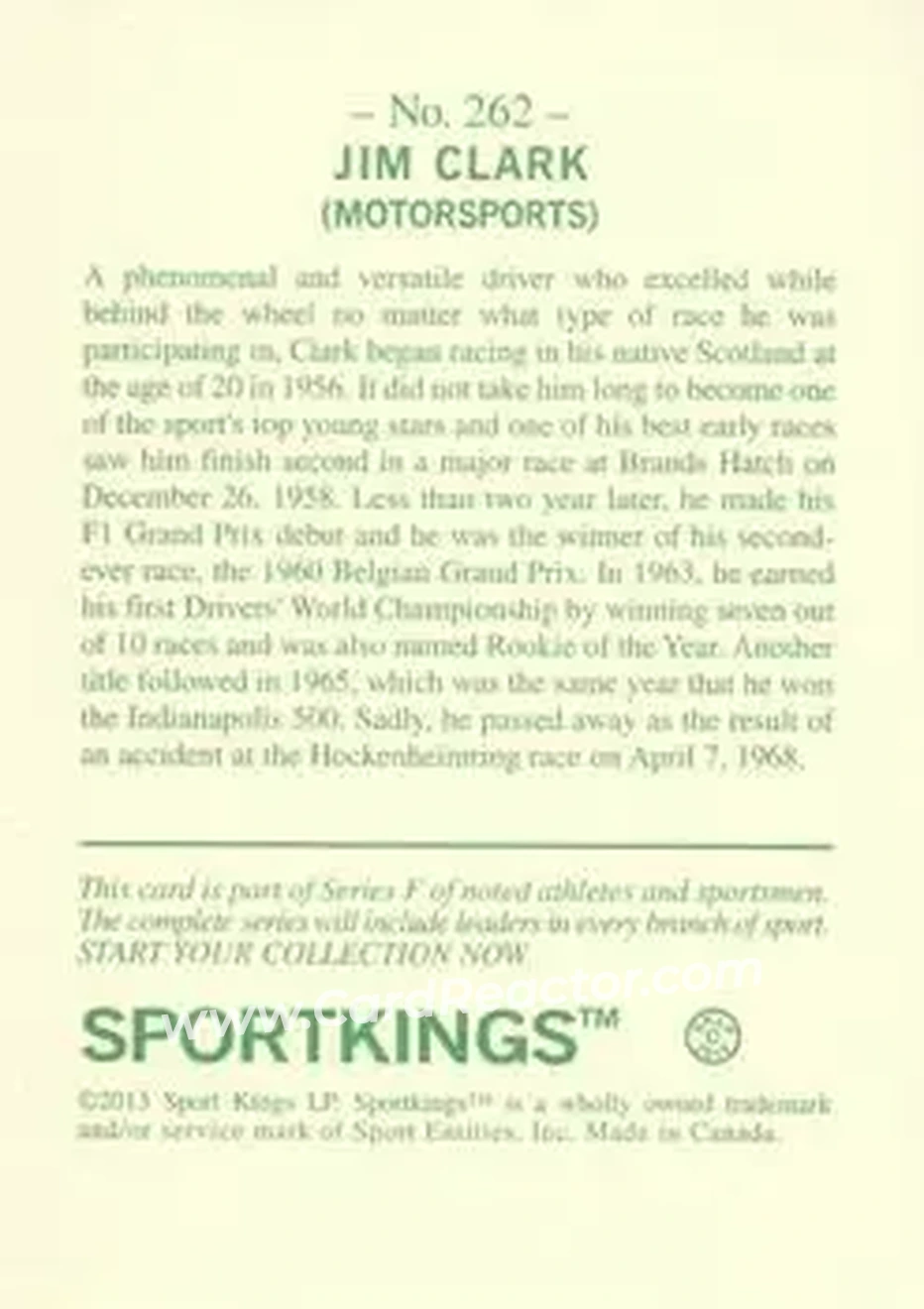 2013 Sportkings Series F #262 - Jim Clark - Back